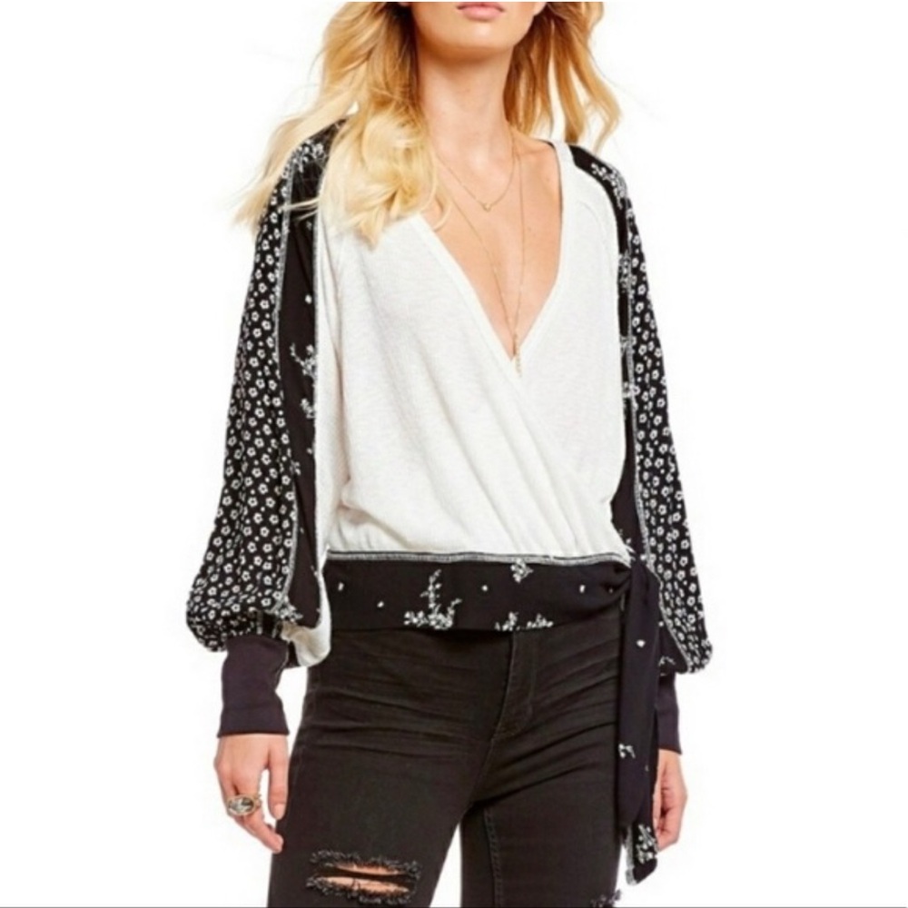 Free People Auxton Black and White Wrap Blouse